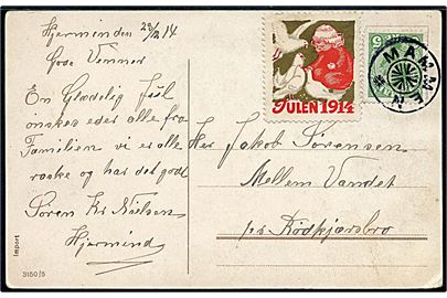 5 øre Chr. X og Julemærke 1914 på julekort dateret Hjermind d. 23.12.1914 og annulleret med stjernestempel MAMMEN til Mellem Vandet pr. Rødkjærsbro.