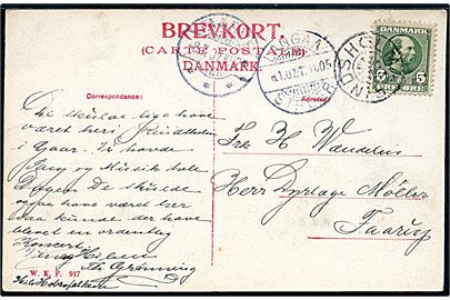 5 øre Chr. IX på brevkort annulleret med stjernestempel RINDSHOLM og sidestemplet bureau Langaa - Struer T.1005 d. 8.1.1907 til Taarup.