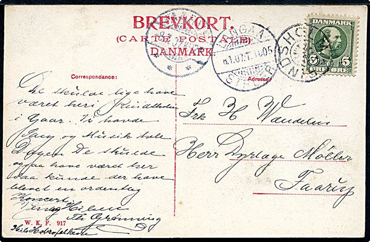 5 øre Chr. IX på brevkort annulleret med stjernestempel RINDSHOLM og sidestemplet bureau Langaa - Struer T.1005 d. 8.1.1907 til Taarup.