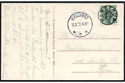 5 øre Chr. X på brevkort (Gumperup Klint) annulleret med stjernestempel MENSTRUP og sidestemplet brotype IIIb Hyllinge d. 18.8.1915 til Aarslev.
