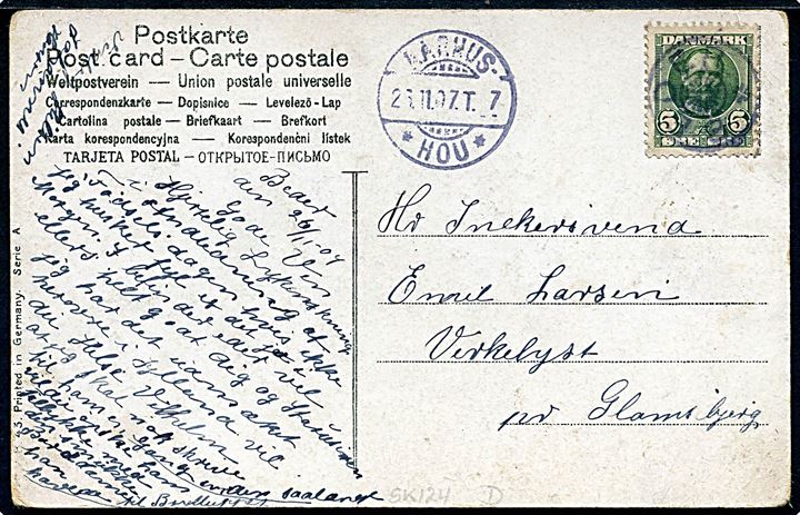 5 øre Fr. VIII på brevkort annulleret med stjernestempel BEDER og sidestemplet bureau Aarhus - * Hou * T.7 d. 26.11.1907 til Glamsbjerg.