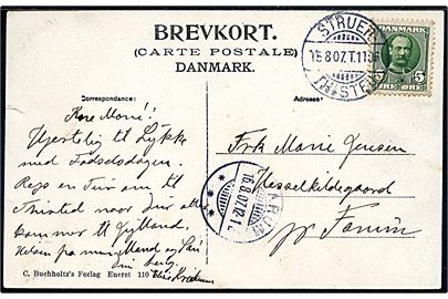 5 øre Fr. VIII på brevkort (Thisted, Monumentet paa Søndre Kirkegaard) annulleret med bureaustempel Struer - Thisted T.1106 d. 15.8.1907 til Farum.