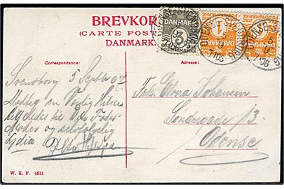1 øre (par) og 3 øre Bølgelinie på brevkort fra Svendborg annulleret med lapidar bureaustempel Odense - Svendborg d. 5.9.1907 til Odense.