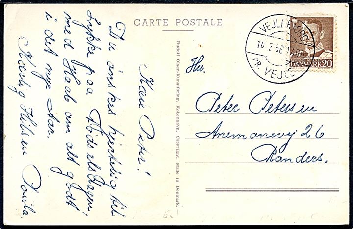 20 øre Fr. IX på brevkort annulleret med pr.-stempel Vejlefjord pr. Vejle d. 14.2.1958 til Randers.