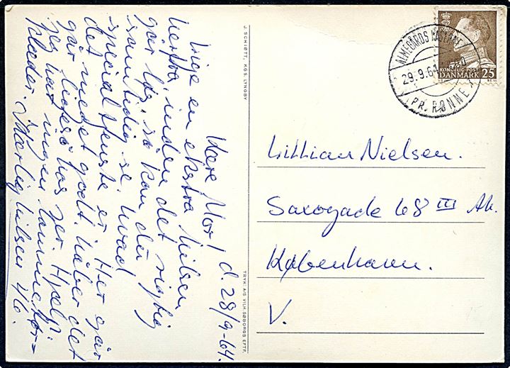 25 øre Fr. IX på brevkort annulleret med pr.stempel Almegårds Kaserne pr. Rønne sn1 d. 29.9.1964 til København.