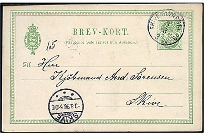 5 øre Våben helsagsbrevkort fra Durup St. annulleret med lapidar bureaustempel Skive - Glyngøre JB d. 3.3.1898 til Skive. Fold.