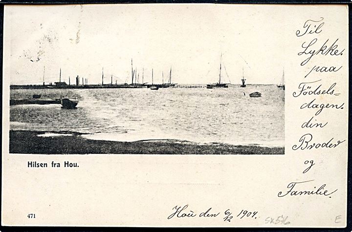 5 øre Våben på brevkort (Hilsen fra Hou) annulleret med stjernestempel HOU og sidestemplet bureau Aarhus - * Hou * d. 5.12.1904 T.11 til Horsens.