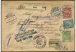 1,35 kr. frankeret internationalt adressekort for pakke fra Haida d. 1.6.1917 via Berlin til København, Danmark. Flere censur-stempler.
