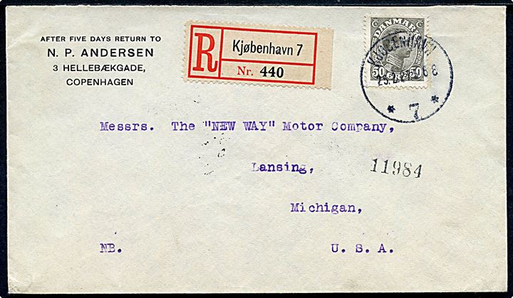 50 øre Chr. X single på anbefalet brev fra Kjøbenhavn * 7 * d. 235.2.1927 via New York til Lansing, USA.
