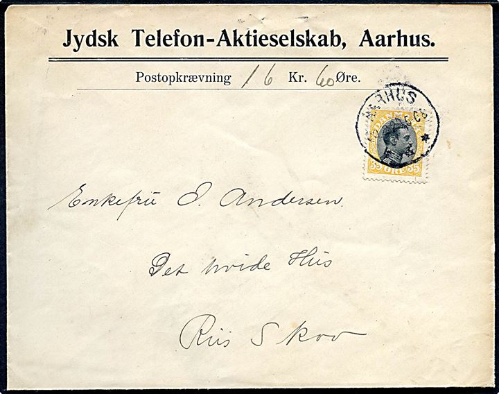 35 øre Chr. X single på brev med postopkrævning fra Jydsk Telefon-Aktieselskab i Aarhus d. 20.2.1920 til Risskov.