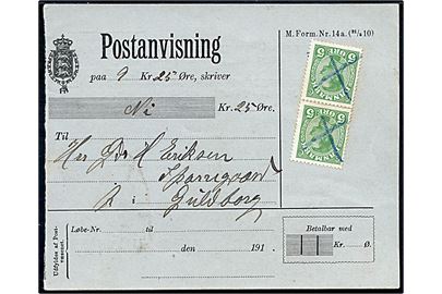 5 øre Chr. X i parstykke på lokal postanvisning annulleret med blåkridt til Guldborg. På bagsiden kvitteret d. 10.2.1914. 