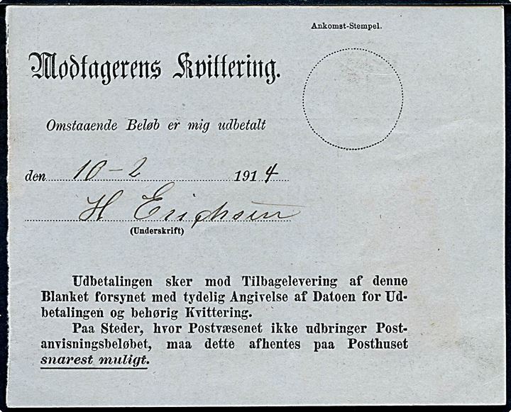 5 øre Chr. X i parstykke på lokal postanvisning annulleret med blåkridt til Guldborg. På bagsiden kvitteret d. 10.2.1914. 