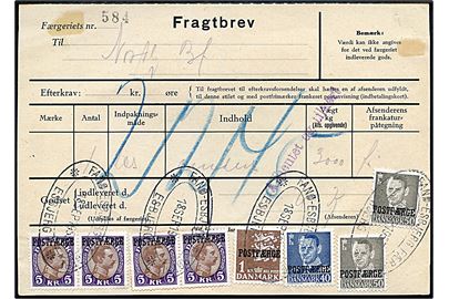 40 øre, 50 øre (2) Fr. IX, 1 kr. Rigsvåben og 5 kr. Chr. X (4) Fragtmærke på 22,40 kr. frankeret fragtbrev for vognlæs (3000 kg) annulleret Esbjerg d. 18.9.1953 til Nordby, Fanø.