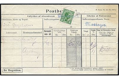 5 øre Chr. X annulleret med kontorstempel Mariager som gebyr på formular F. Form. Nr. 42 (1/7 1919.) Postbevis for afsendelse af postanvisning fra Mariager d. 20.11.1919 til Aalborg.
