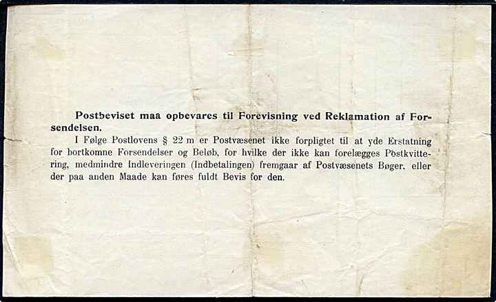 5 øre Chr. X annulleret med kontorstempel Mariager som gebyr på formular F. Form. Nr. 42 (1/7 1919.) Postbevis for afsendelse af postanvisning fra Mariager d. 20.11.1919 til Aalborg.
