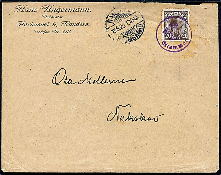 20 øre Chr. X på brev annulleret med posthornstempel Strømmen og sidestemplet bureau Randers - Ryomgaard T.1099 d. 15.5.1925 til Nakskov.