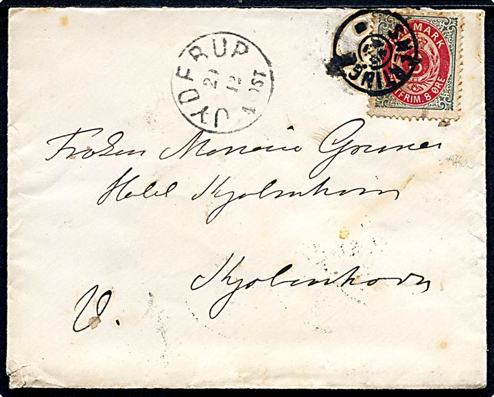 8 øre Tofarvet på brev annulleret med stjernestempel SNERTINGE og sidestemplet lapidar Jyderup d. 20.12.1884 til Kjøbenhavn.