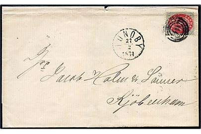 4 sk. Tofarvet på brev annulleret med nr.stempel 114 og sidestemplet lapidar VI Lundby d. 27.2.1874 til Kjøbenhavn.