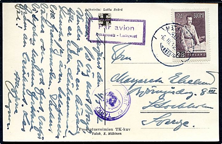 2,75 mk. Mannerheim på patriotisk brevkort (Lotta Svärd) stemplet Matk... d. 6.3.1942 til Stockholm, Sverige. Finsk censur.