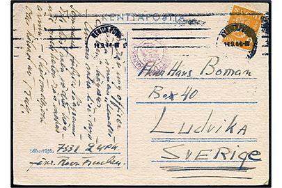 2 mk. Løve udg. på feltpostkort annulleret Kenttäposti Konttori d. 11.9.1944 til Ludvika, Sverige. Skrevet på svensk af soldat ved KpK 2/7331 (= III Krh.J/JR 61).