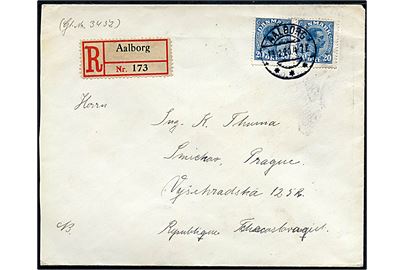 20 øre Chr. X i parstykke på anbefalet brev fra Aalborg d. 13.12.1920 til Prag, Tjekkoslovakiet.