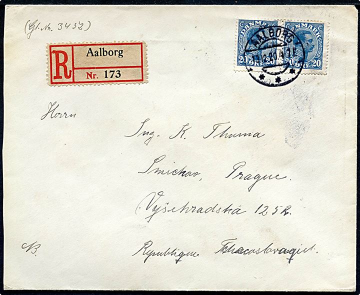 20 øre Chr. X i parstykke på anbefalet brev fra Aalborg d. 13.12.1920 til Prag, Tjekkoslovakiet.