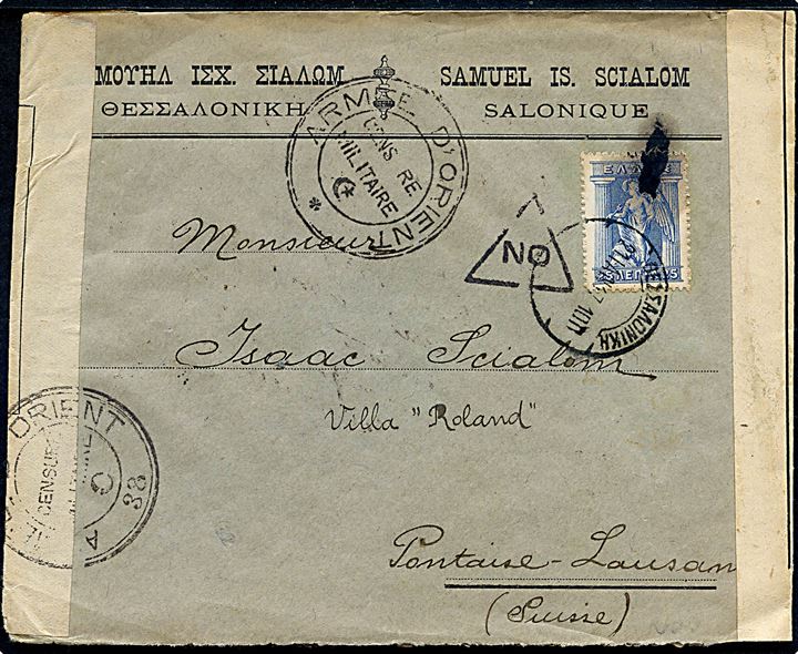 25 l. single på brev fra Saloniki d. 21.1.1917 til Lausanne, Schweiz. Åbnet af fransk militærcensur i Orienten. 