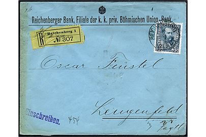 35 h. Franz Joseph single på anbefalet brev fra Reichenberg d. 7.7.1908 til Lengenfeld, Tyskland.