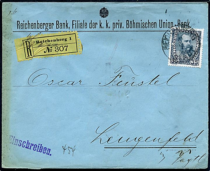 35 h. Franz Joseph single på anbefalet brev fra Reichenberg d. 7.7.1908 til Lengenfeld, Tyskland.