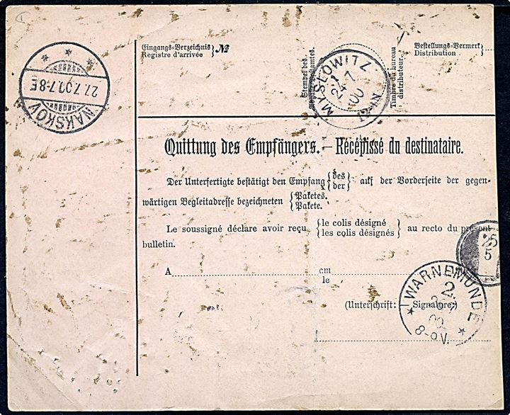 10 k. helsags internationalt adressekort for pakke fra Zabno d. 23.7.1900 via Myslowitz, Warnemünde og Nykjøbing Falster til Nakskov, Danmark. 