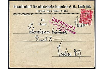 10 h. Franz Joseph med perfin G.f.e.J. på brev fra Gesellschaft für elektrische Industrie A.-G. i Weiz annulleret med svagt stempel d. 26.6.1916 til Berlin, Tyskland. Østrigsk censur fra Graz.