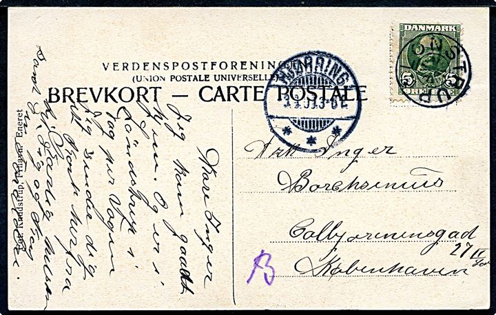 5 øre Fr. VIII på brevkort (Rubjerg Knude) annulleret med stjernestempel LØNSTRUP og sidestemplet Hjørring d. 9.9.1909 til København.
