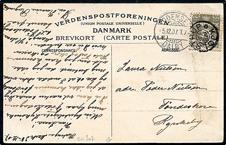 3 øre Bølgelinie på lokalt brevkort (Kjertinge landsby) annulleret med stjernestempel KJØLSTRUP og sidestemplet Odense - Dalby T.7 d. 5.12.1907 til Rynkeby.