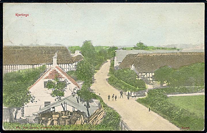 3 øre Bølgelinie på lokalt brevkort (Kjertinge landsby) annulleret med stjernestempel KJØLSTRUP og sidestemplet Odense - Dalby T.7 d. 5.12.1907 til Rynkeby.