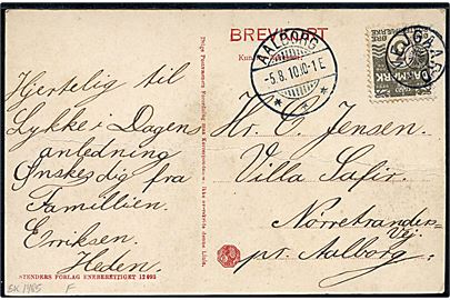 3 øre Bølgelinie på lokalt brevkort (Aalborg, parti fra Vesterbro med jernbaneoverskæring) annulleret med stjernestempel VEJGAARD og sidestemplet Aalborg d. 5.8.1910.