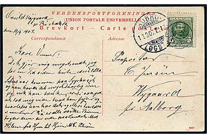 5 øre Fr. VIII på brevkort (Parti fra Arden) annulleret med stjernestempel RØRBÆK og sidestemplet bureau Hobro - Løgstør T.1123 d. 11.9.1907 til Vejgaard pr. Aalborg.