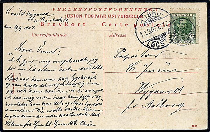 5 øre Fr. VIII på brevkort (Parti fra Arden) annulleret med stjernestempel RØRBÆK og sidestemplet bureau Hobro - Løgstør T.1123 d. 11.9.1907 til Vejgaard pr. Aalborg.