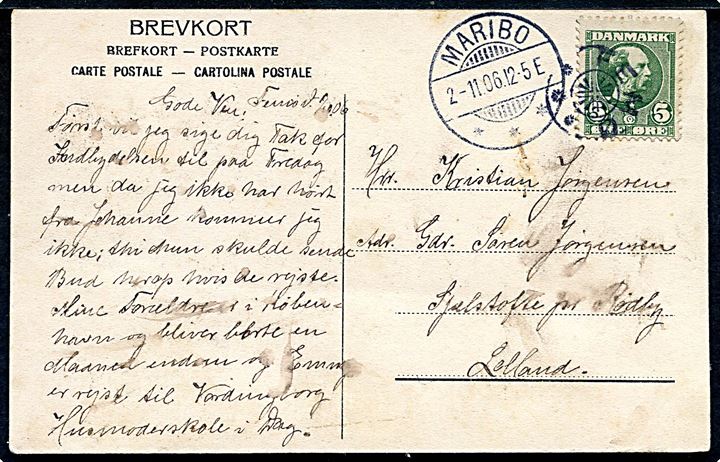 5 øre Chr. IX på brevkort annulleret med stjernestempel FEMØ og sidestemplet Maribo d. 2.11.1906 til Rødby.