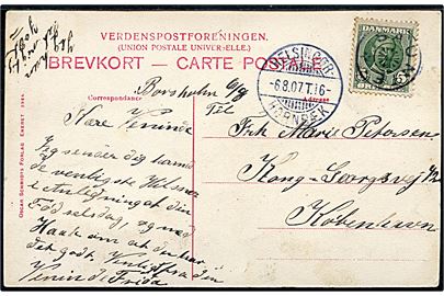 5 øre Fr. VIII på brevkort annulleret med stjernestempel SAUNTE og sidestemplet bureau Helsingør - Hornbæk T.16 d. 6.8.1907 til København.