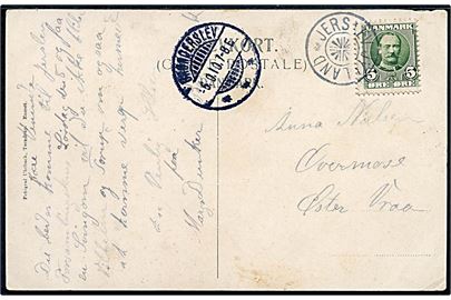 5 øre Fr. VIII på brevkort (Hellum & Svennum) annulleret med stjernestempel JERSLEV JYLLAND og sidestemplet Brønderslev d. 6.9.1910 til Øster Vrå.