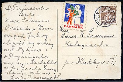 10 øre Bølgelinie og Julemærke 1938 på julekort (Tegnet af Viggo Bang) annulleret med udslebet stjernestempel ØSTER BRØNDERSLEV til Halkjær St.
