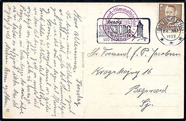 20 øre Fr. IX på brevkort fra Silkeborg d. 24.7.1952 med privat sidestempel Silkeborg - Himmelbjerget * A/S HJEJLEN * til Bagsværd.