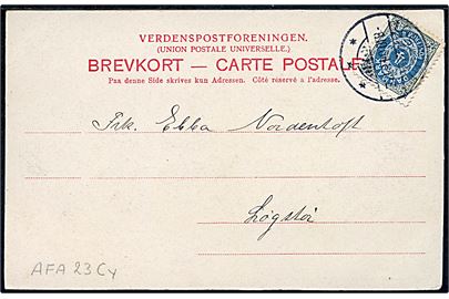 4 øre Tofarvet vm. III omv. rm. på tryksagskort (Frerderik d. VII's Kanal, Løgstør) sendt lokalt i Løgstør d. 8.10.1904. AFA: 2400,-