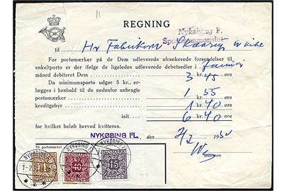 Regning for enkeltporto aftale for januar måned 1950 med 15 øre, 40 øre og 1 kr. Portomærke stemplet Nykøbing F. d. 1.2.1950. Folder.