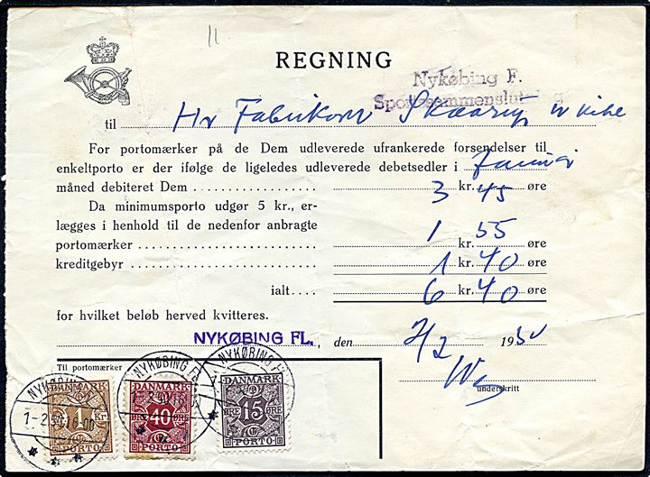 Regning for enkeltporto aftale for januar måned 1950 med 15 øre, 40 øre og 1 kr. Portomærke stemplet Nykøbing F. d. 1.2.1950. Folder.
