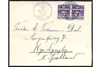 10 øre Bølgelinie i parstykke på brev annulleret med bureau Bramminge - Tønder T.493 d. 10.5.1941 og sidestemplet med posthornstempel FARUP (Ribe) til Lyngby.