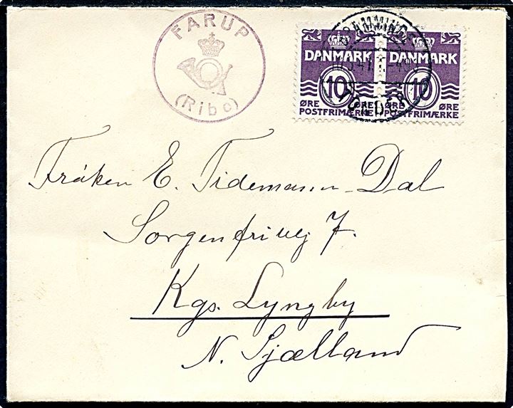 10 øre Bølgelinie i parstykke på brev annulleret med bureau Bramminge - Tønder T.493 d. 10.5.1941 og sidestemplet med posthornstempel FARUP (Ribe) til Lyngby.