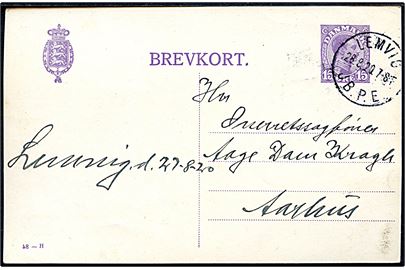 15 øre Chr. X helsagsbrevkort (fabr. 58-H) annulleret med brotype IIIb Lemvig JB.P.E. d. 28.8.1920 til Aarhus.  