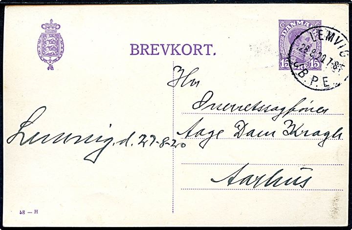 15 øre Chr. X helsagsbrevkort (fabr. 58-H) annulleret med brotype IIIb Lemvig JB.P.E. d. 28.8.1920 til Aarhus.  