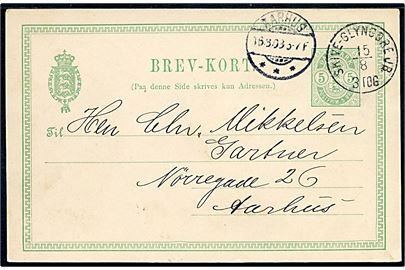 5 øre Våben helsagsbrevkort annulleret med lapidar bureaustempel Skive - Glyngøre JB. d. 15.8.1898 til Aarhus.